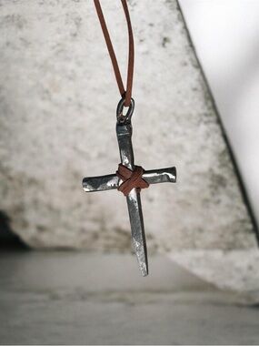 Rustic Hammered Metal Cross Pendant Necklace HANDMADE unisex
